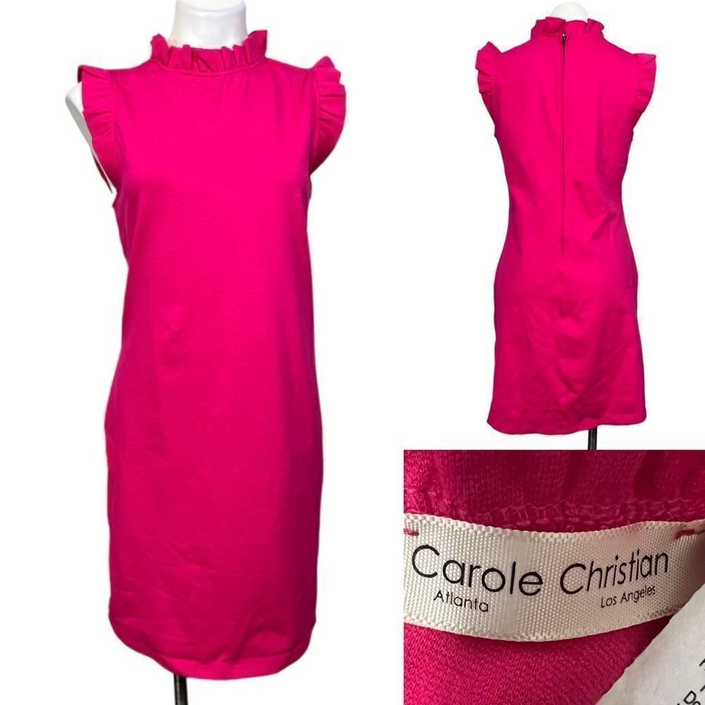 Carole Christian hot neon pink ruffle sleeve stretchy sheath dress